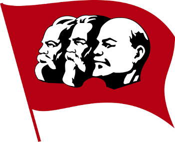Bandera con los dibujos de Lenin, Marx y Engels